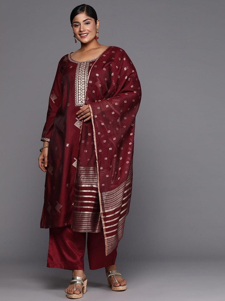 Maroon Woven Design Chanderi Silk Straight Kurta With Trousers & Dupatta - Libas