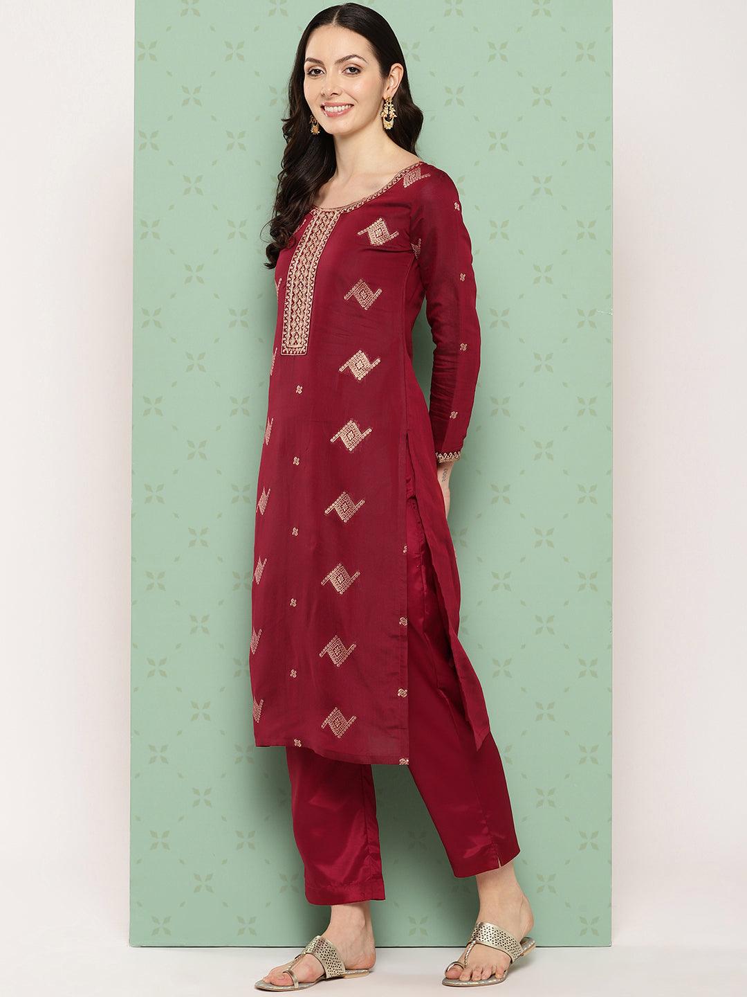 Maroon Woven Design Chanderi Silk Straight Kurta With Trousers & Dupatta - Libas