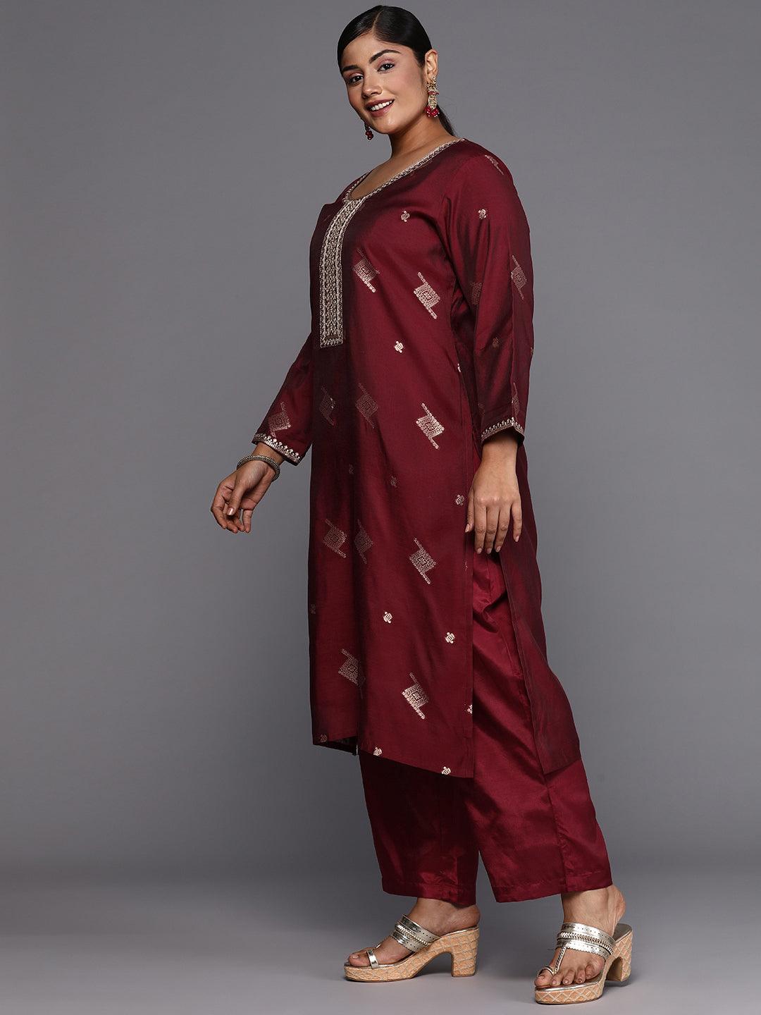 Maroon Woven Design Chanderi Silk Straight Kurta With Trousers & Dupatta - Libas