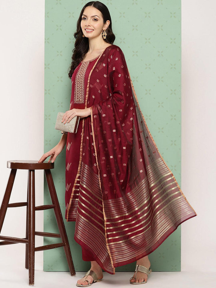 Maroon Woven Design Chanderi Silk Straight Kurta With Trousers & Dupatta - Libas