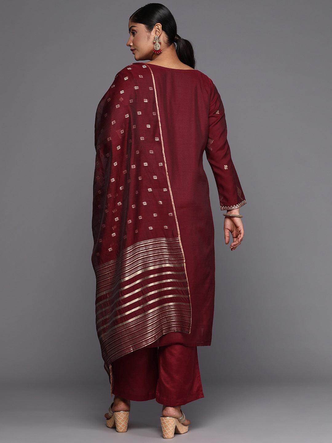 Plus Size Maroon Woven Design Chanderi Silk Straight Suit With Dupatta