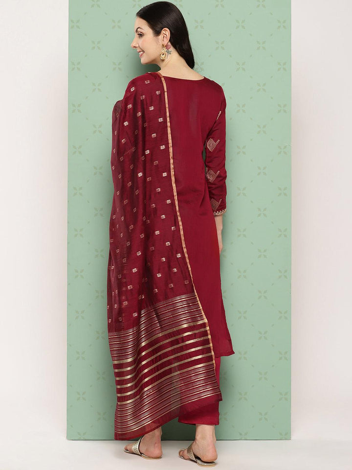 Maroon Woven Design Chanderi Silk Straight Kurta With Trousers & Dupatta - Libas