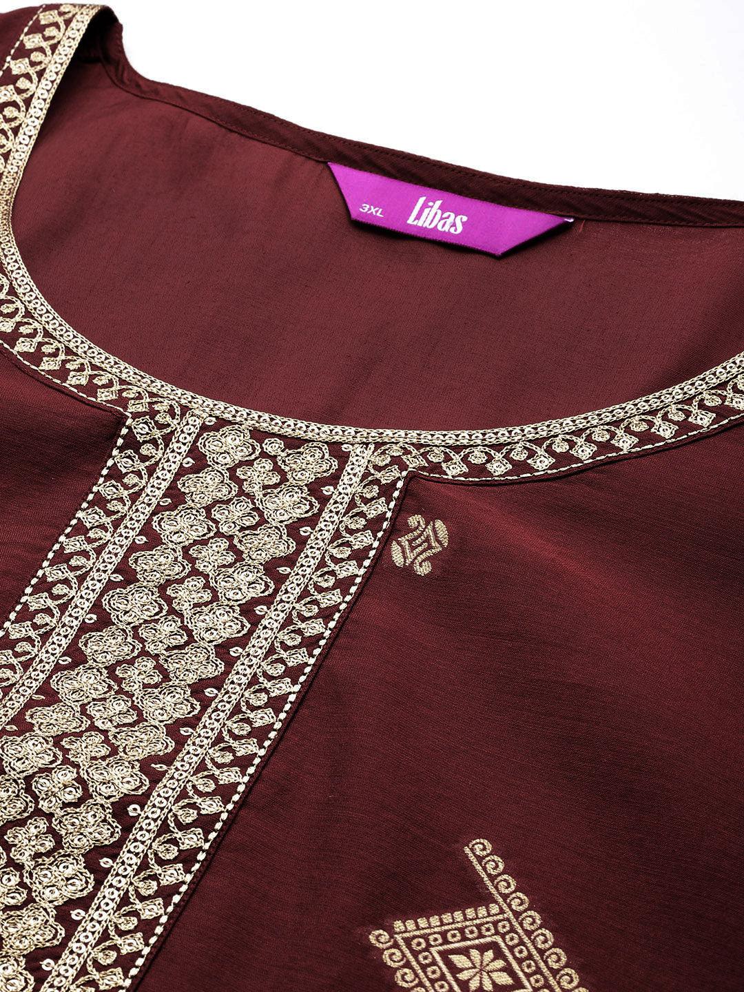 Maroon Woven Design Chanderi Silk Straight Kurta With Trousers & Dupatta - Libas