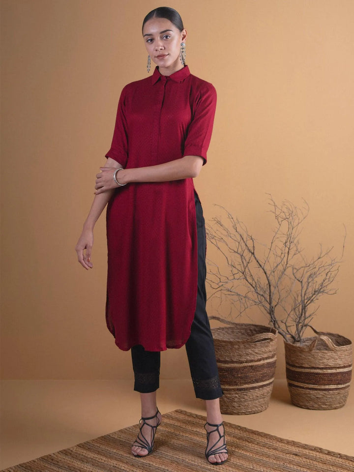 Maroon Woven Design Rayon Kurta - Libas