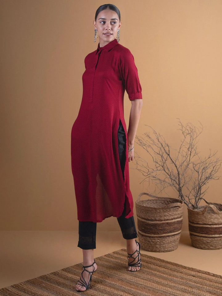 Maroon Woven Design Rayon Kurta - Libas