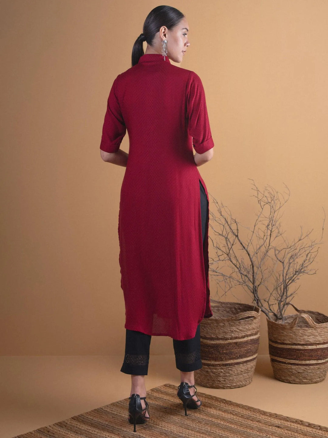 Maroon Woven Design Rayon Kurta - Libas