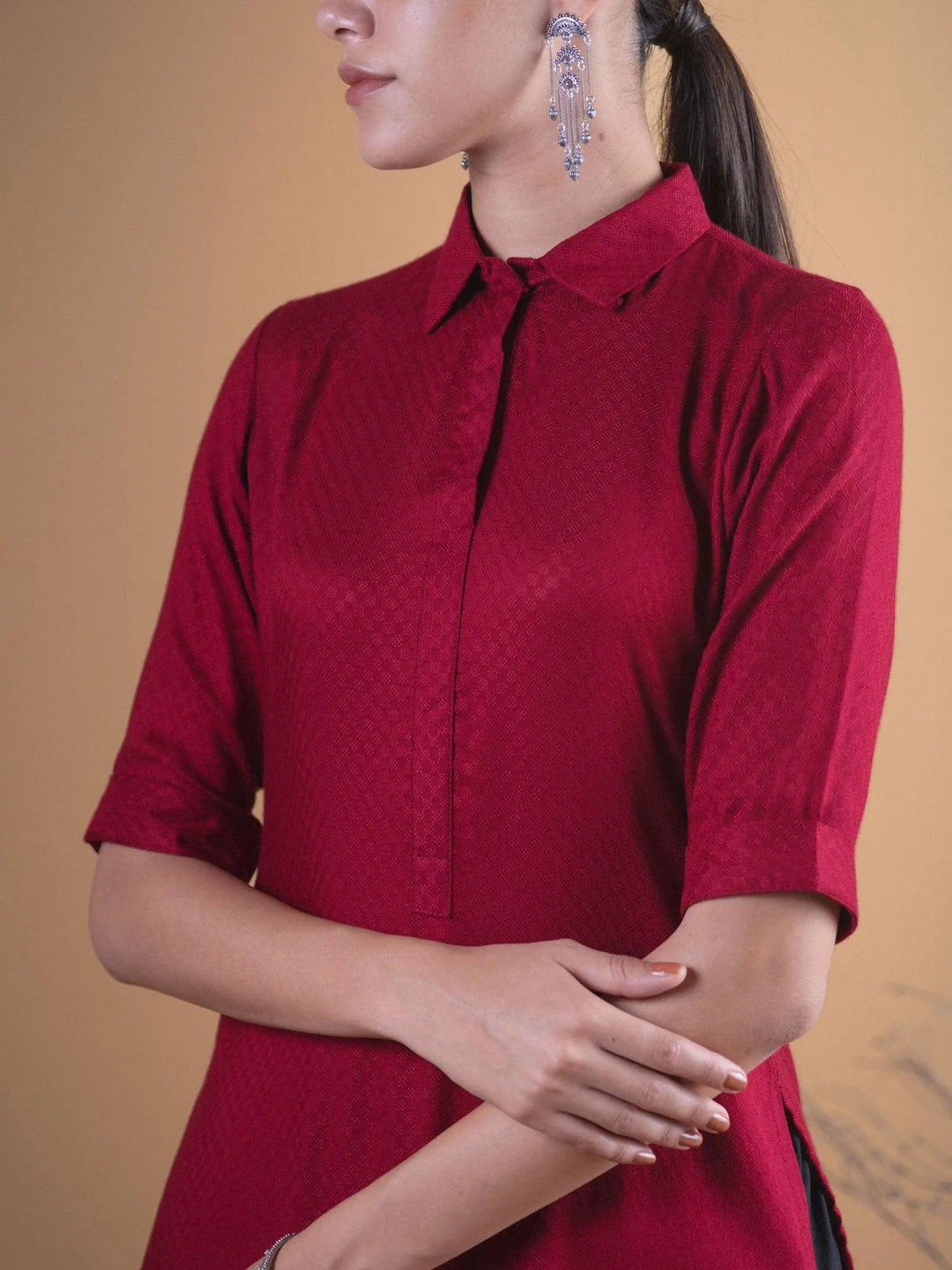 Maroon Woven Design Rayon Kurta - Libas