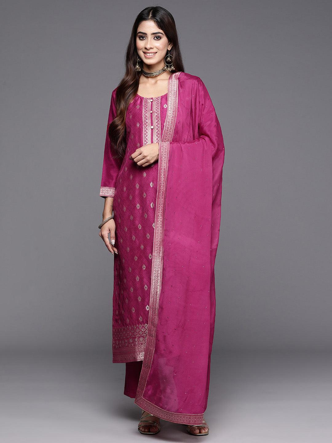 Maroon Woven Design Silk Blend Straight Kurta With Trousers & Dupatta - Libas