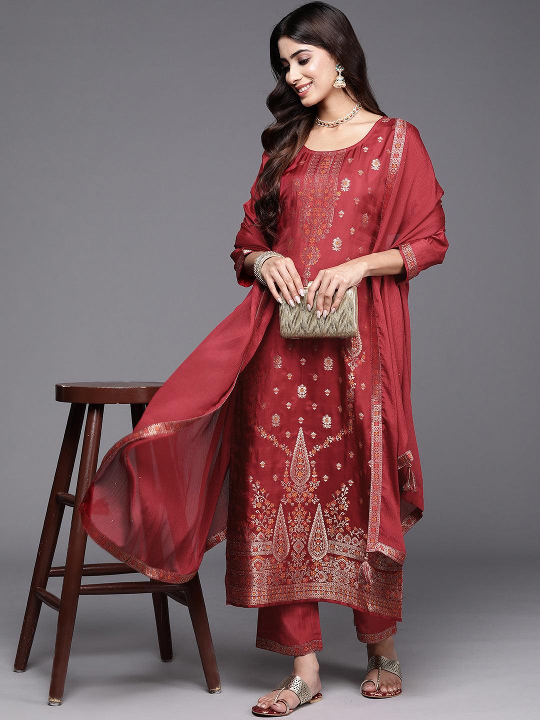 Maroon Woven Design Silk Blend Straight Kurta With Trousers & Dupatta - Libas 