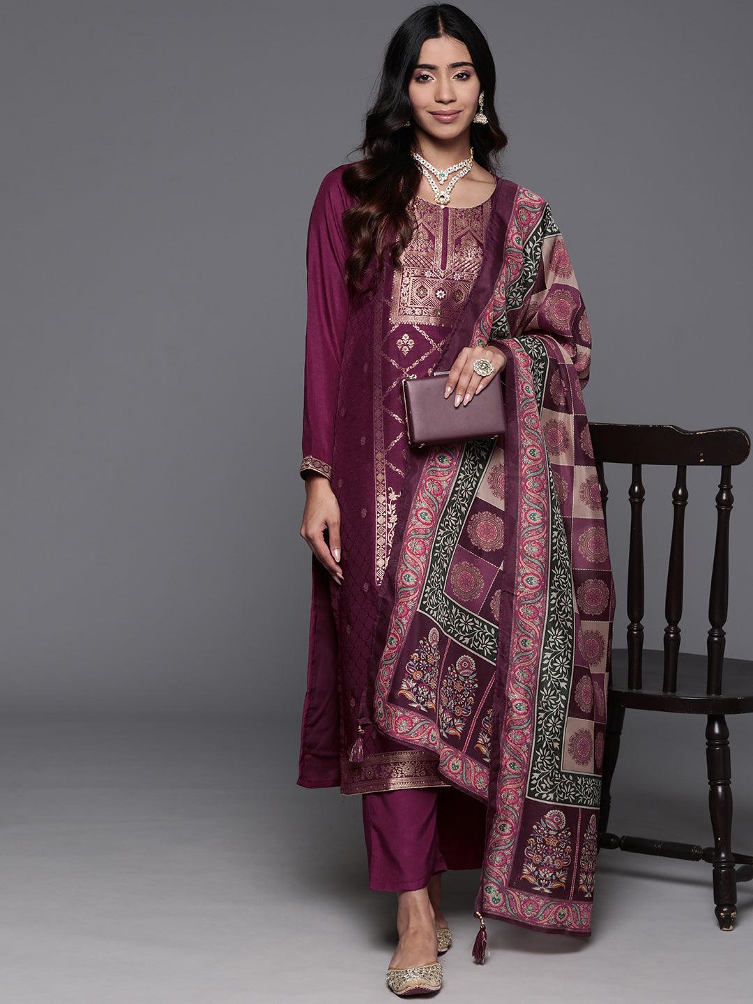 Maroon Woven Design Silk Blend Straight Kurta With Trousers & Dupatta - Libas