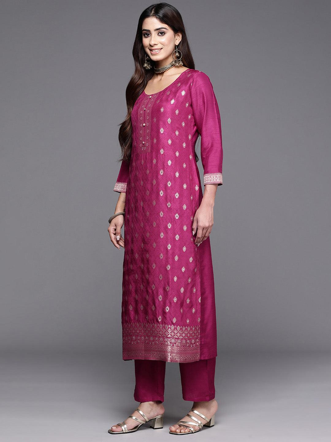 Maroon Woven Design Silk Blend Straight Kurta With Trousers & Dupatta - Libas