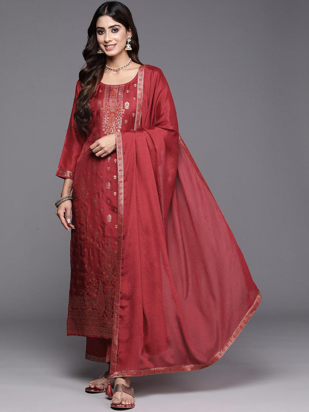 Maroon Woven Design Silk Blend Straight Kurta With Trousers & Dupatta - Libas