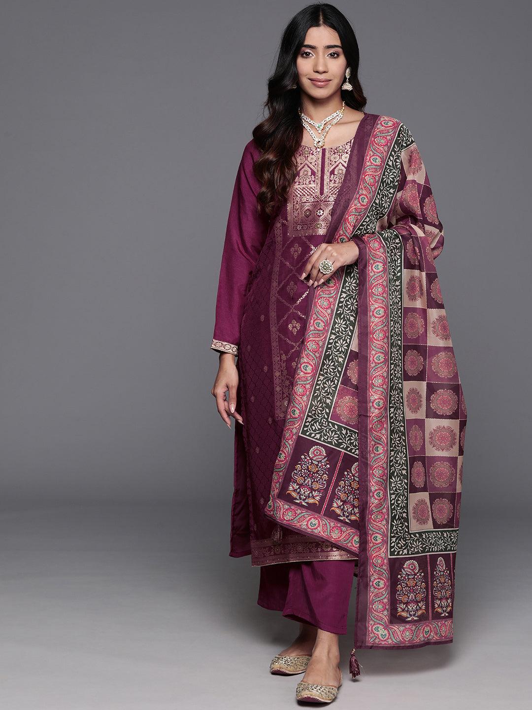 Maroon Woven Design Silk Blend Straight Kurta With Trousers & Dupatta - Libas