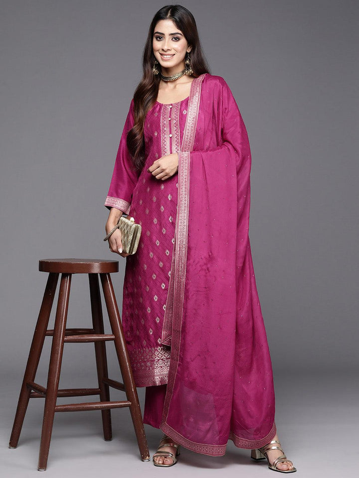 Maroon Woven Design Silk Blend Straight Kurta With Trousers & Dupatta - Libas