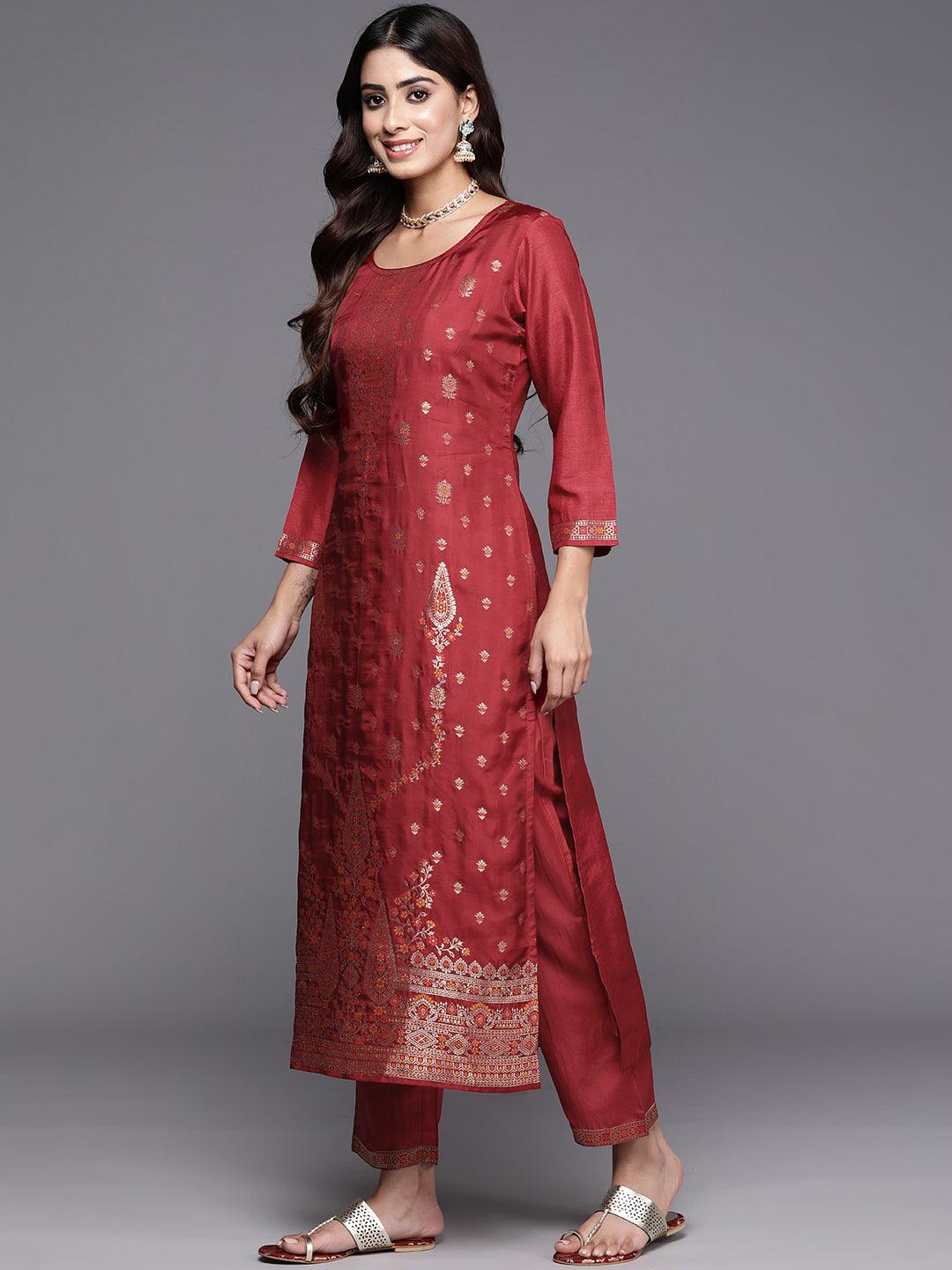 Maroon Woven Design Silk Blend Straight Kurta With Trousers & Dupatta - Libas 