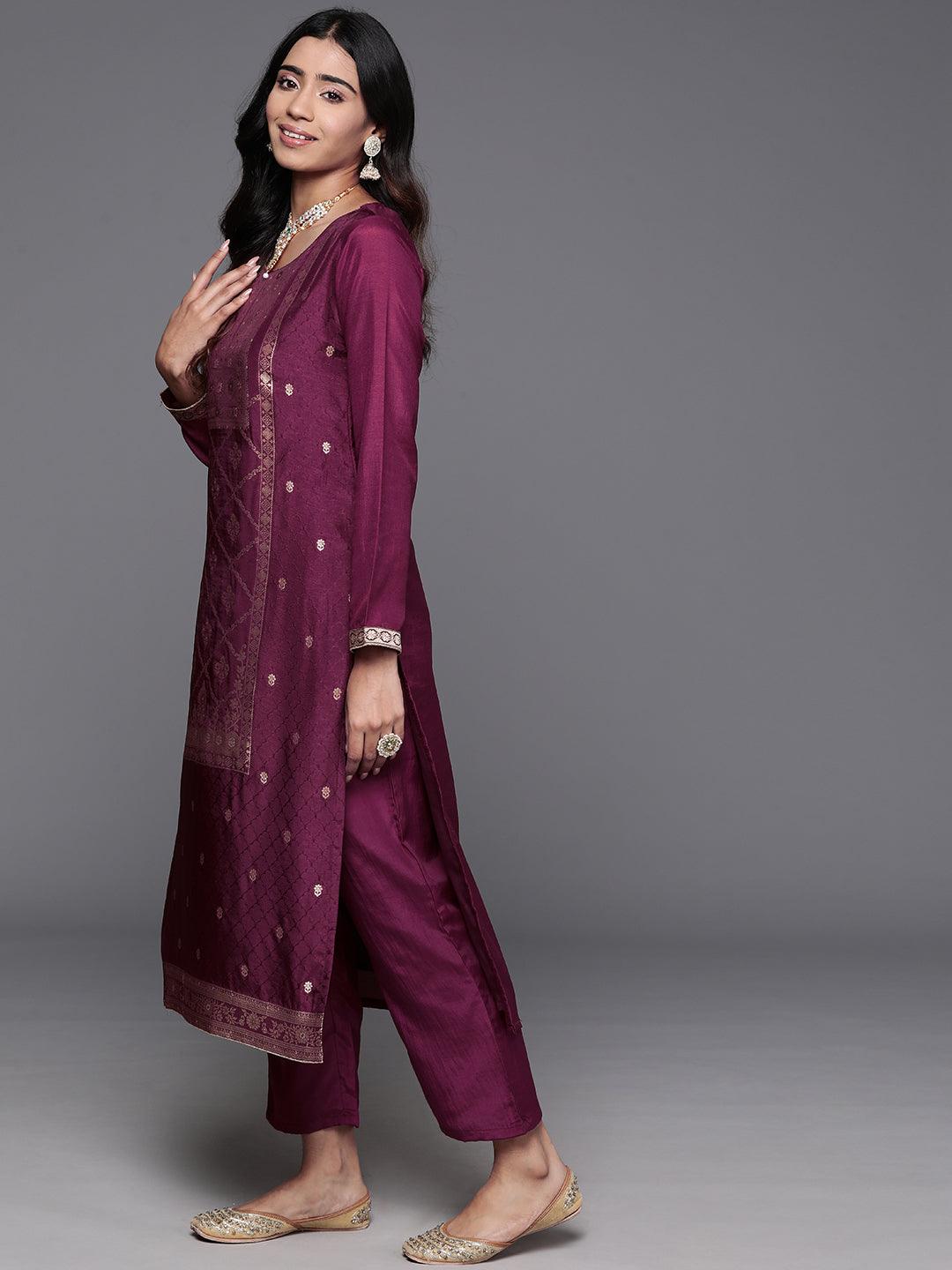 Maroon Woven Design Silk Blend Straight Kurta With Trousers & Dupatta - Libas