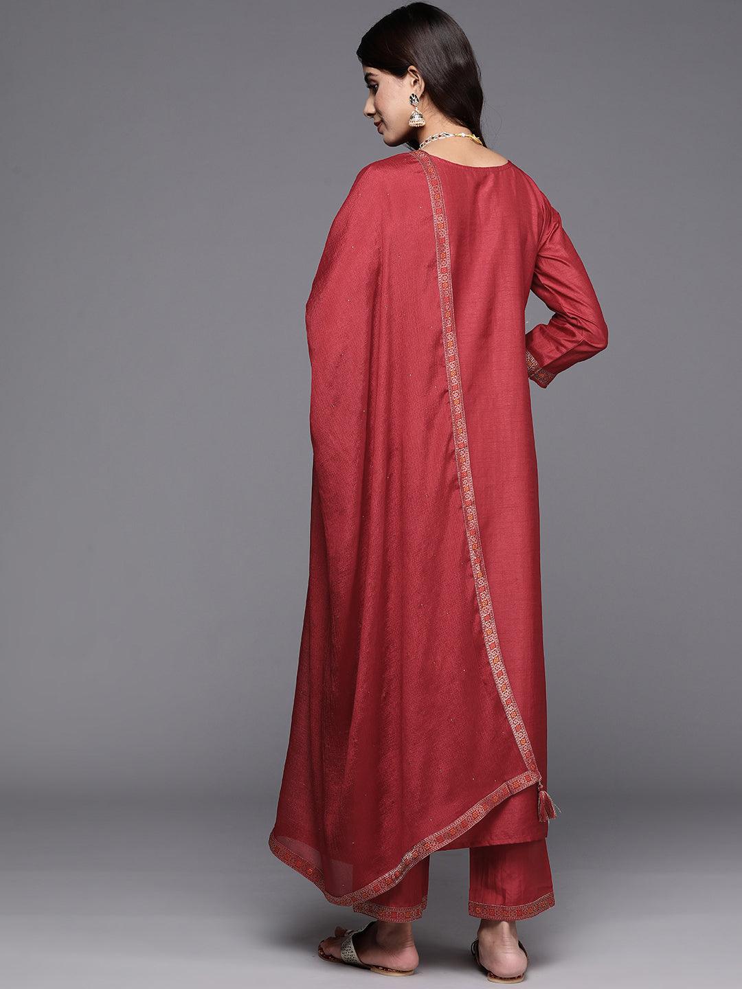 Maroon Woven Design Silk Blend Straight Kurta With Trousers & Dupatta - Libas 