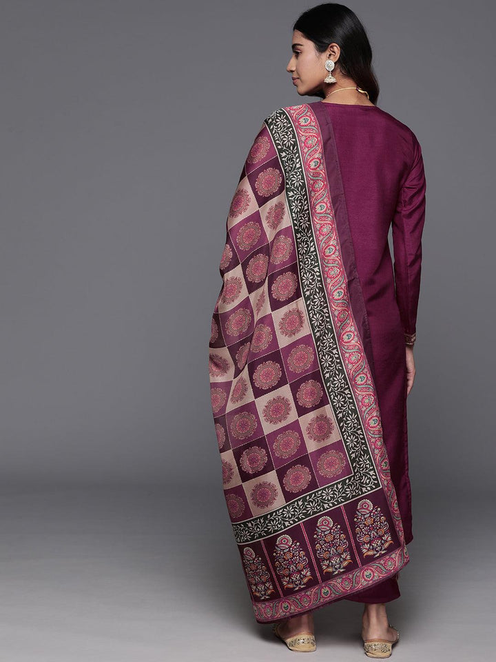 Maroon Woven Design Silk Blend Straight Kurta With Trousers & Dupatta - Libas