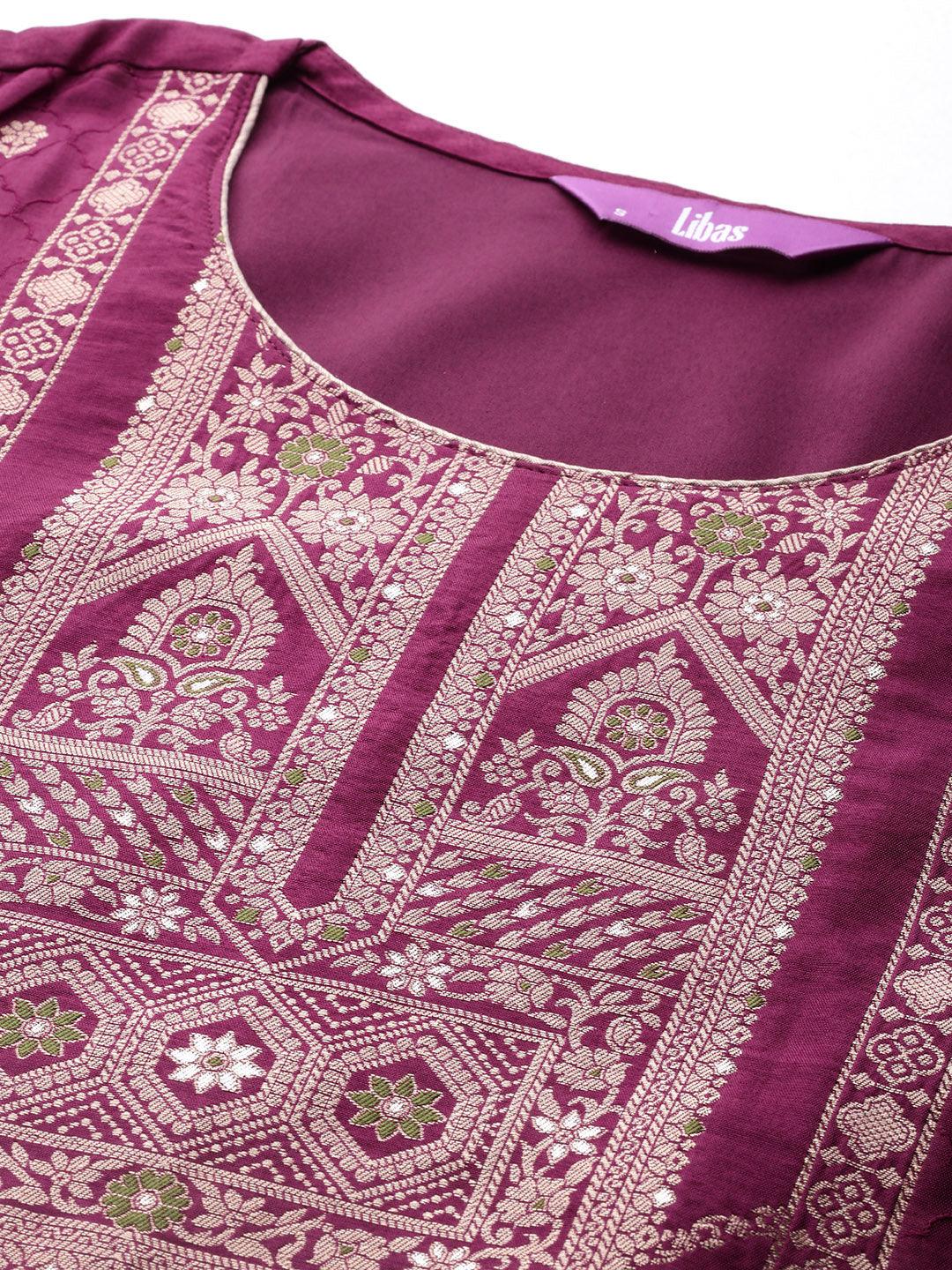 Maroon Woven Design Silk Blend Straight Kurta With Trousers & Dupatta - Libas