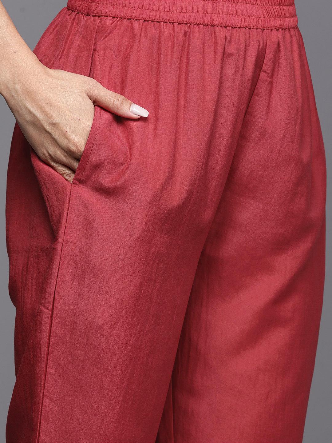 Maroon Woven Design Silk Blend Straight Kurta With Trousers & Dupatta - Libas