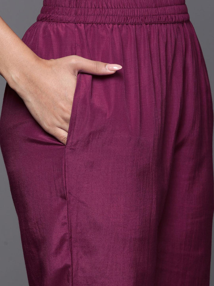 Maroon Woven Design Silk Blend Straight Kurta With Trousers & Dupatta - Libas