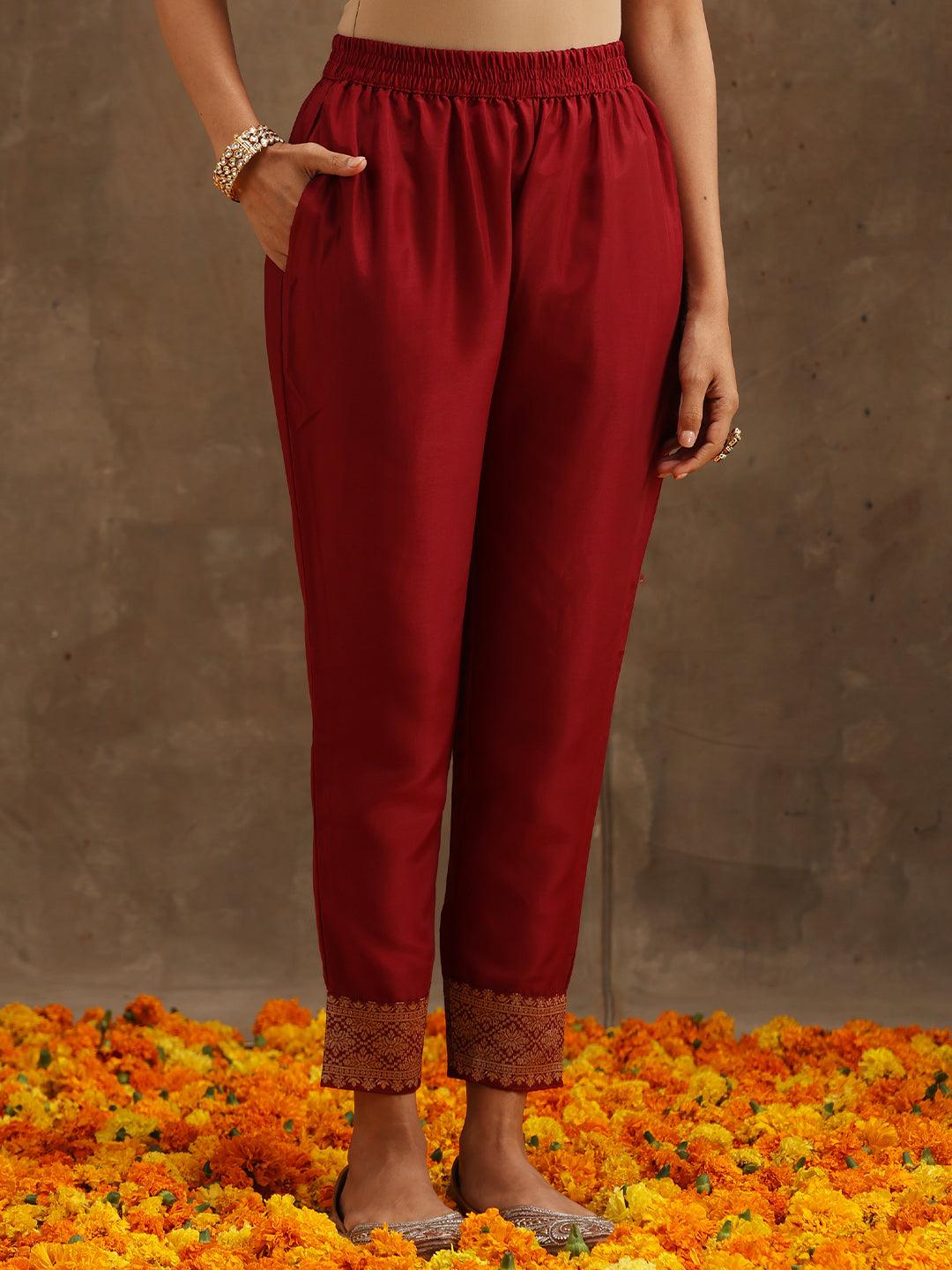 Maroon Woven Design Silk Blend Straight Kurta With Trousers & Dupatta