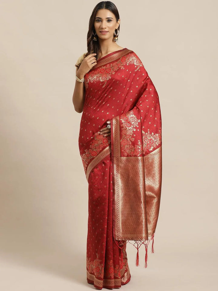 Maroon Woven Design Silk Saree - Libas