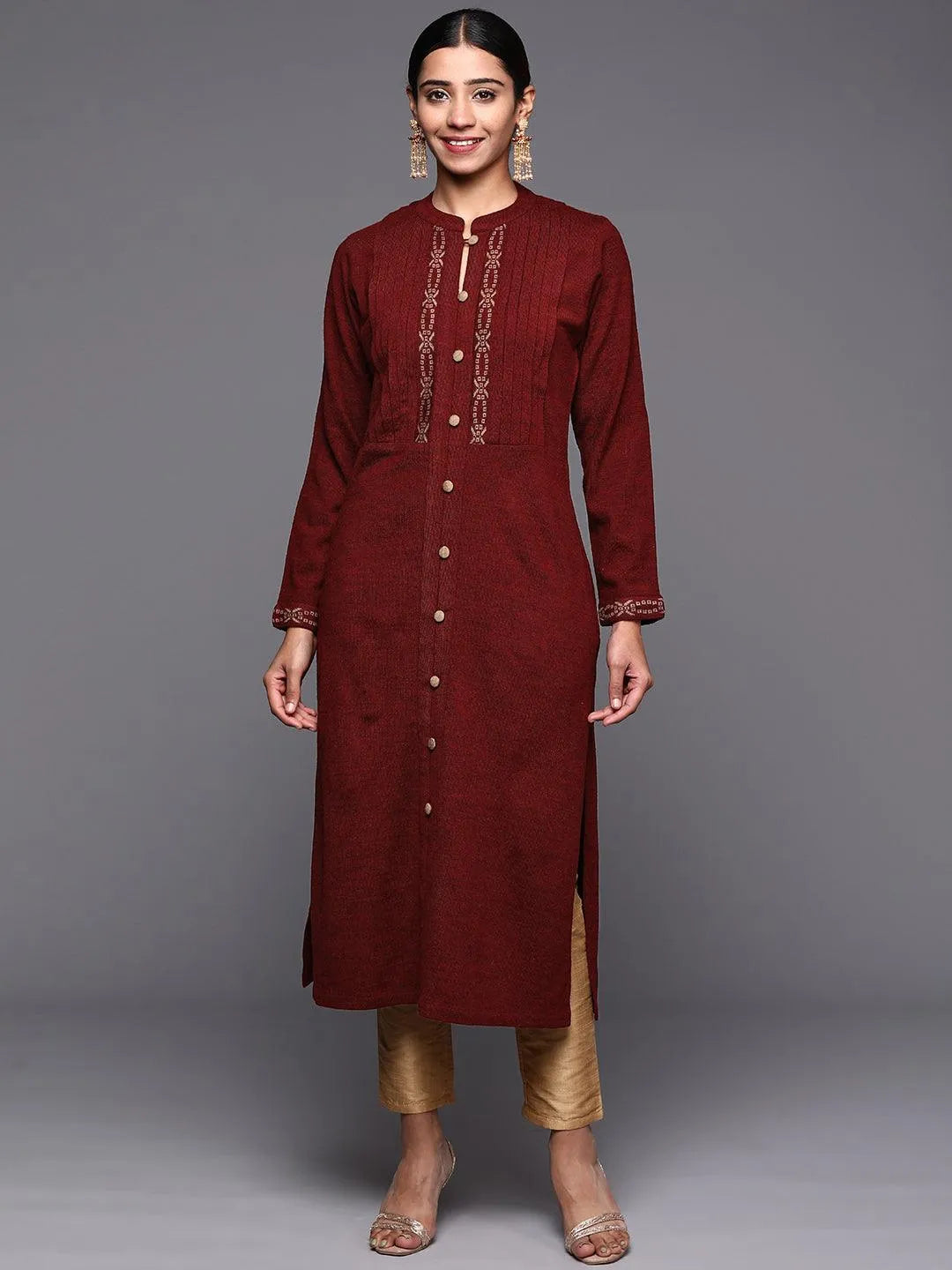 Maroon Woven Design Wool Straight Kurta - Libas