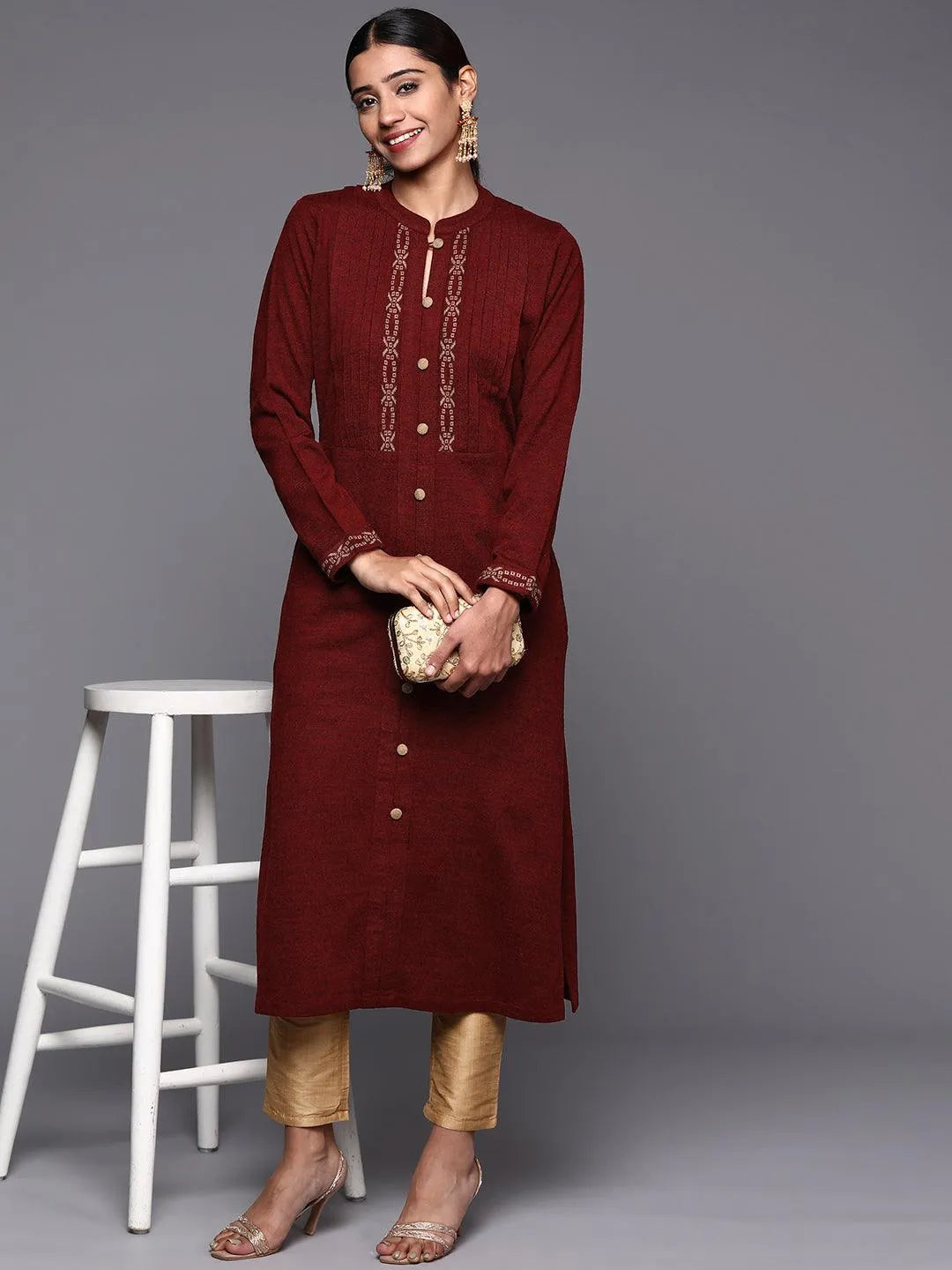 Maroon Woven Design Wool Straight Kurta - Libas