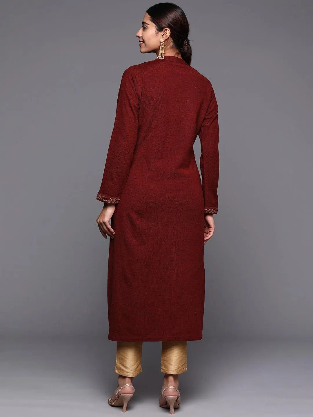 Maroon Woven Design Wool Straight Kurta - Libas