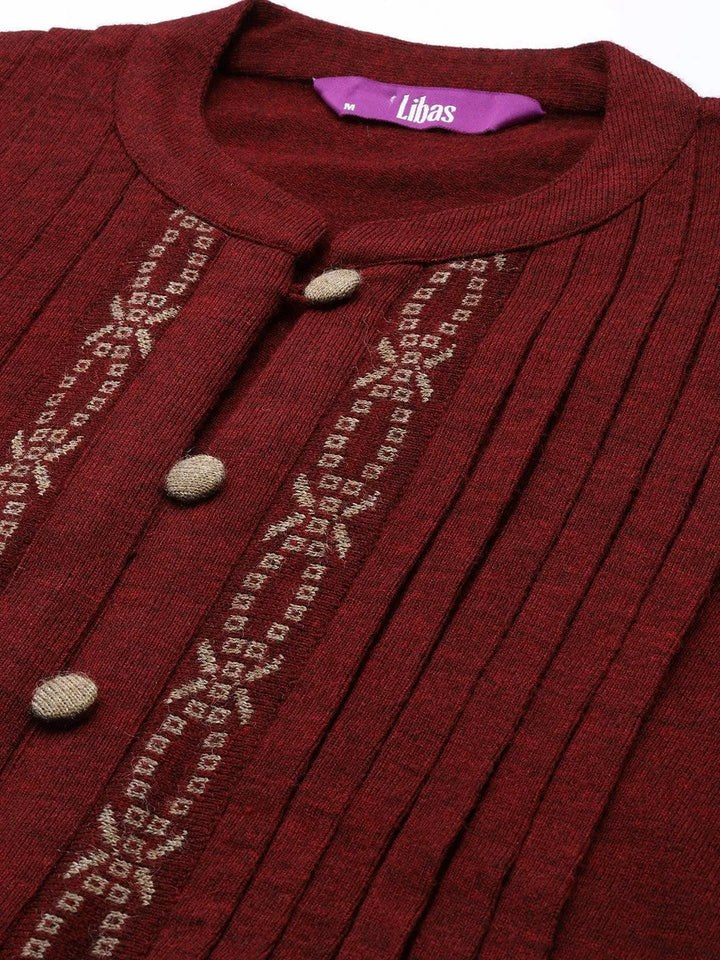 Maroon Woven Design Wool Straight Kurta - Libas