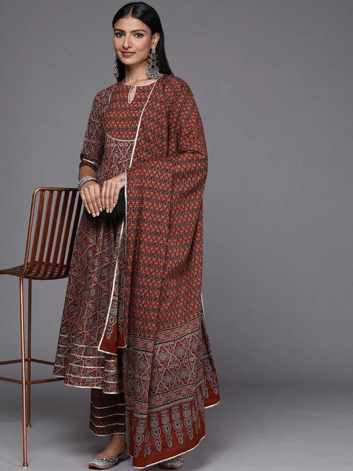 Maroon Yoke Design Cotton Anarkali Suit Set - Libas