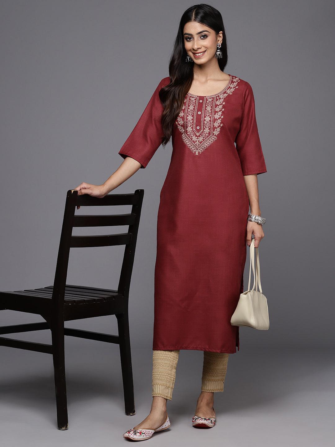 Maroon Yoke Design Cotton Straight Kurta - Libas