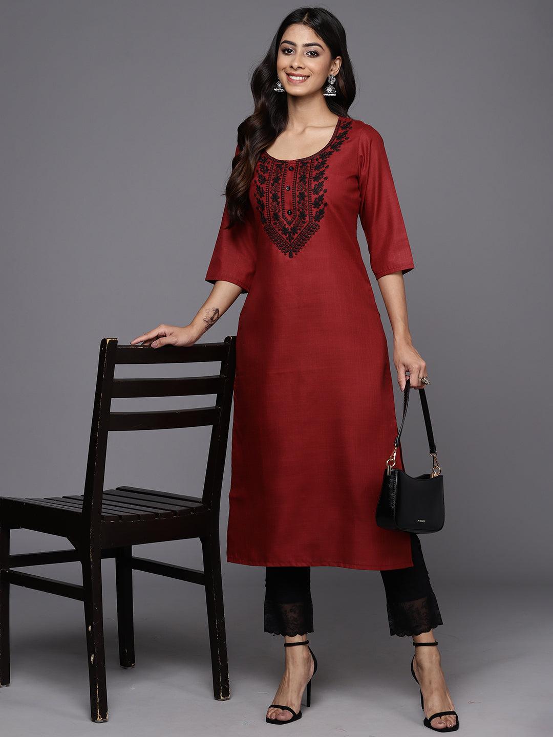 Maroon Yoke Design Cotton Straight Kurta - Libas