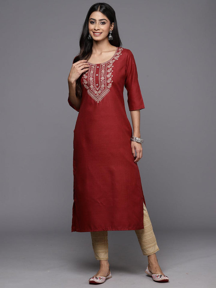 Maroon Yoke Design Cotton Straight Kurta - Libas