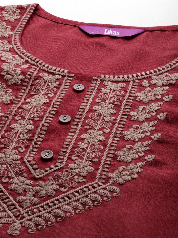 Maroon Yoke Design Cotton Straight Kurta - Libas