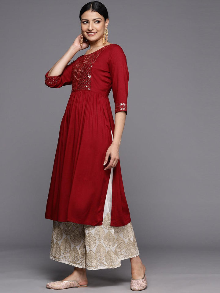 Maroon Yoke Design Rayon A-Line Kurta - Libas