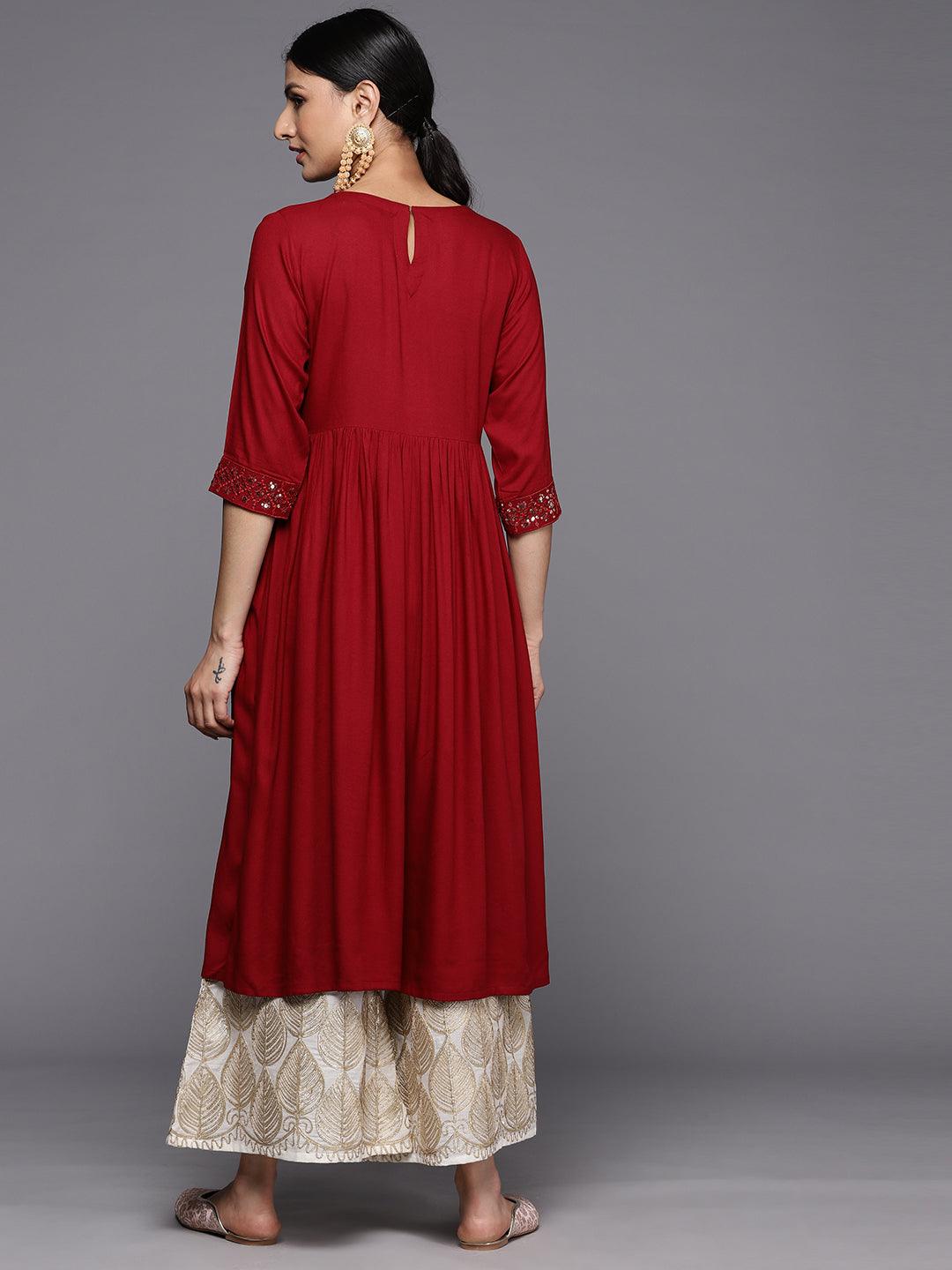 Maroon Yoke Design Rayon A-Line Kurta - Libas