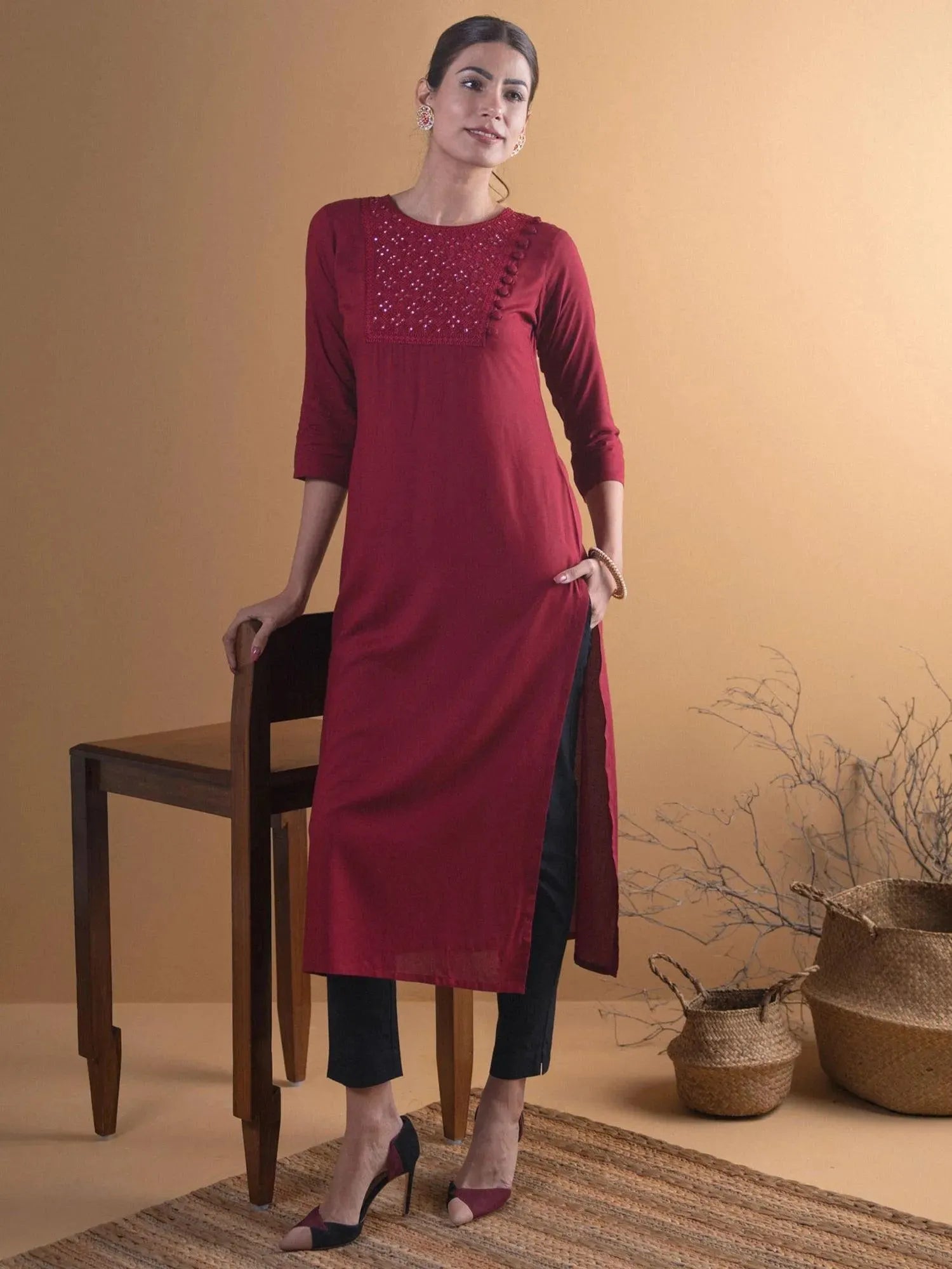 

Buy Maroon Yoke Design Rayon Kurta - 7692-XS | Libas Ethnic Wear Online