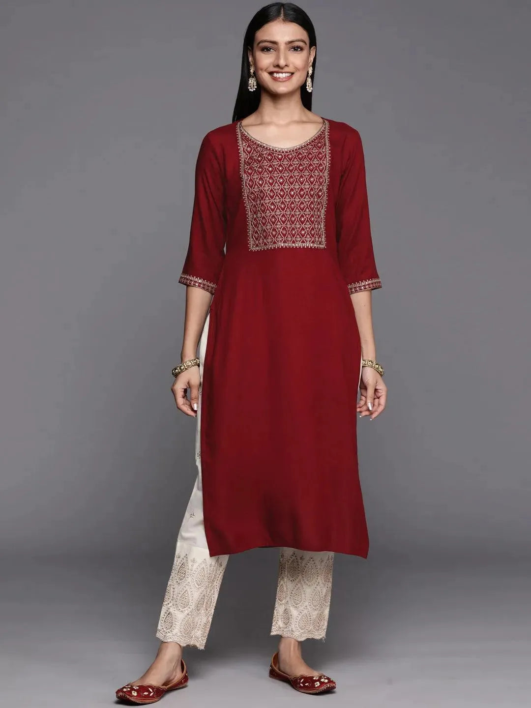 

Maroon Yoke Design Rayon Straight Kurta