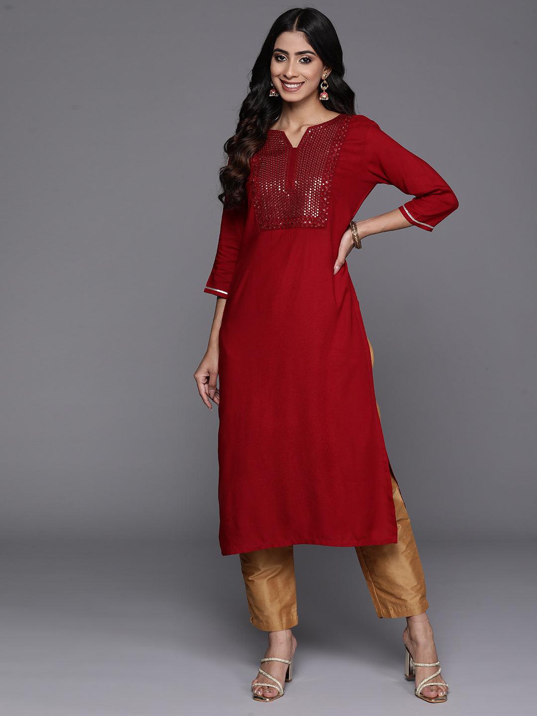 Maroon Yoke Design Rayon Straight Kurta - Libas