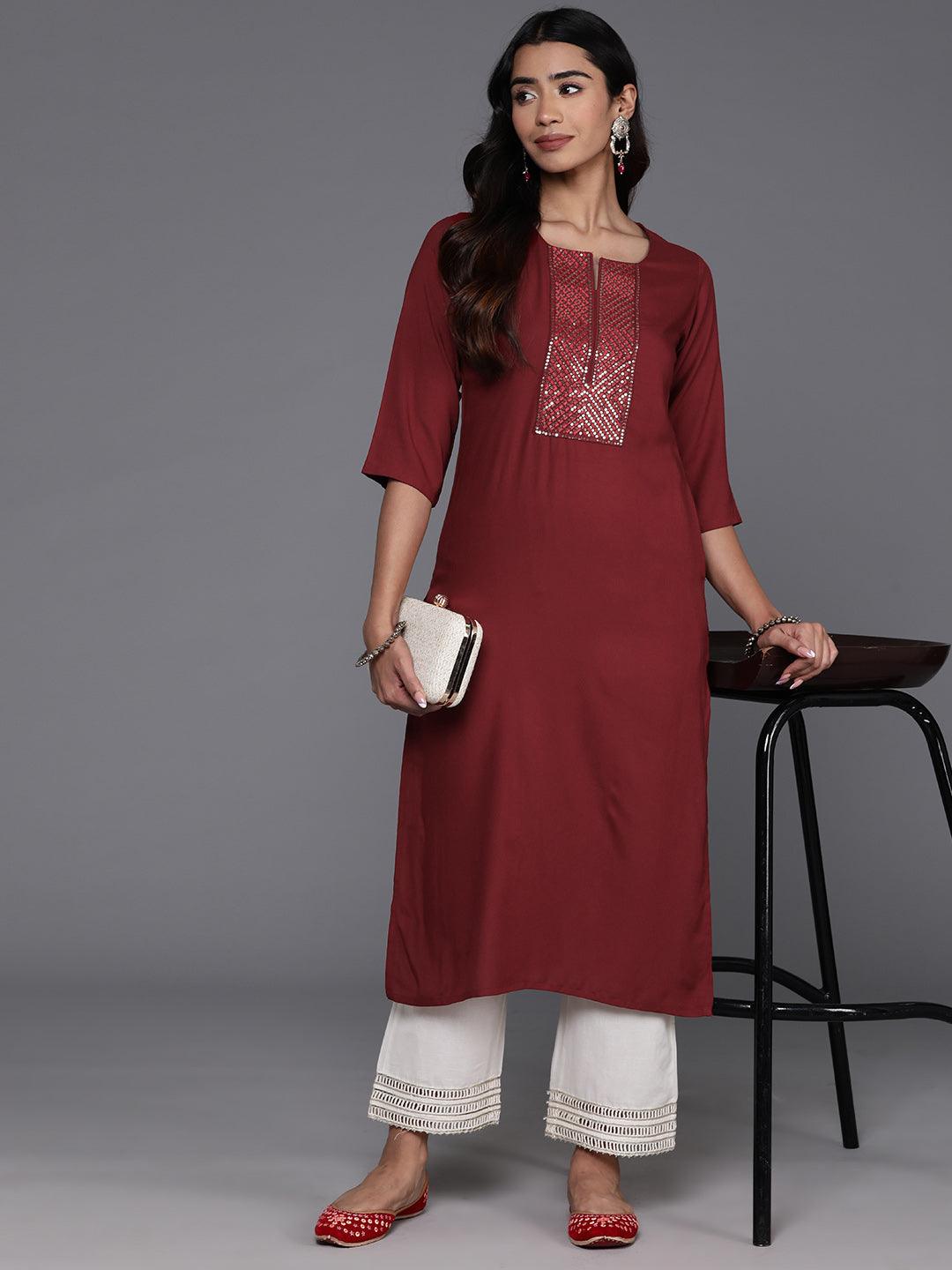 Maroon Yoke Design Rayon Straight Kurta - Libas