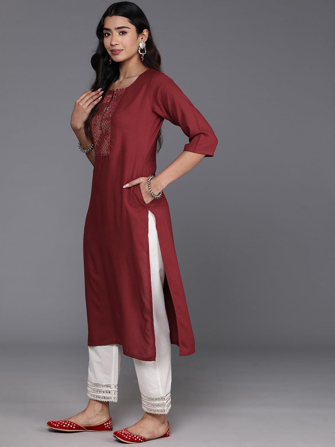 Maroon Yoke Design Rayon Straight Kurta - Libas