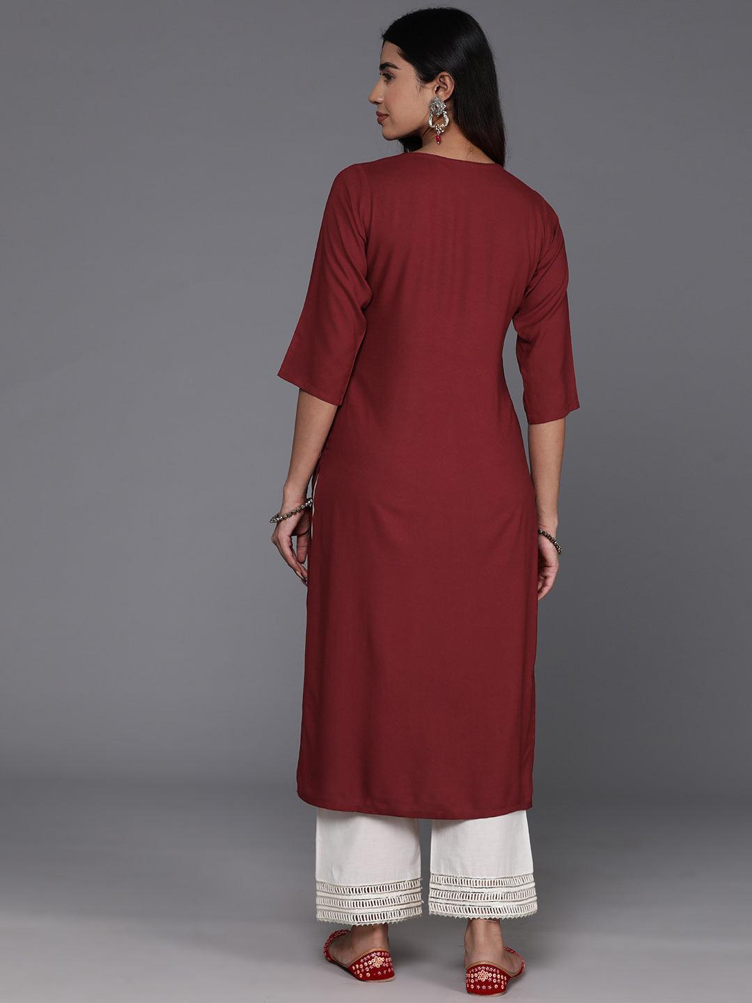 Maroon Yoke Design Rayon Straight Kurta - Libas