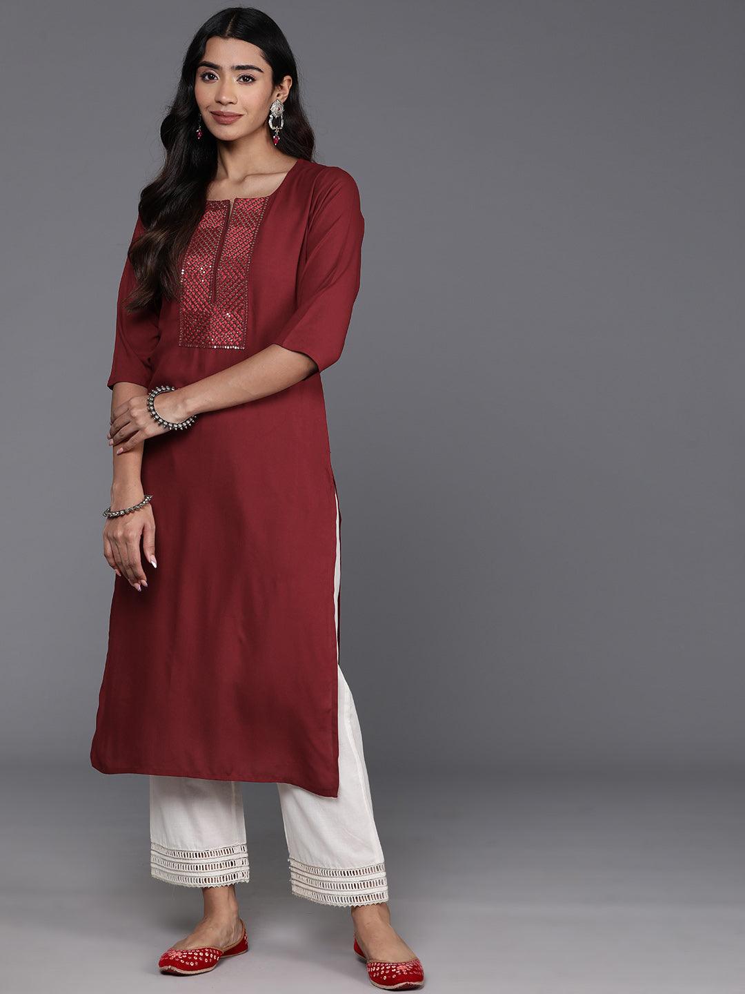 Maroon Yoke Design Rayon Straight Kurta - Libas