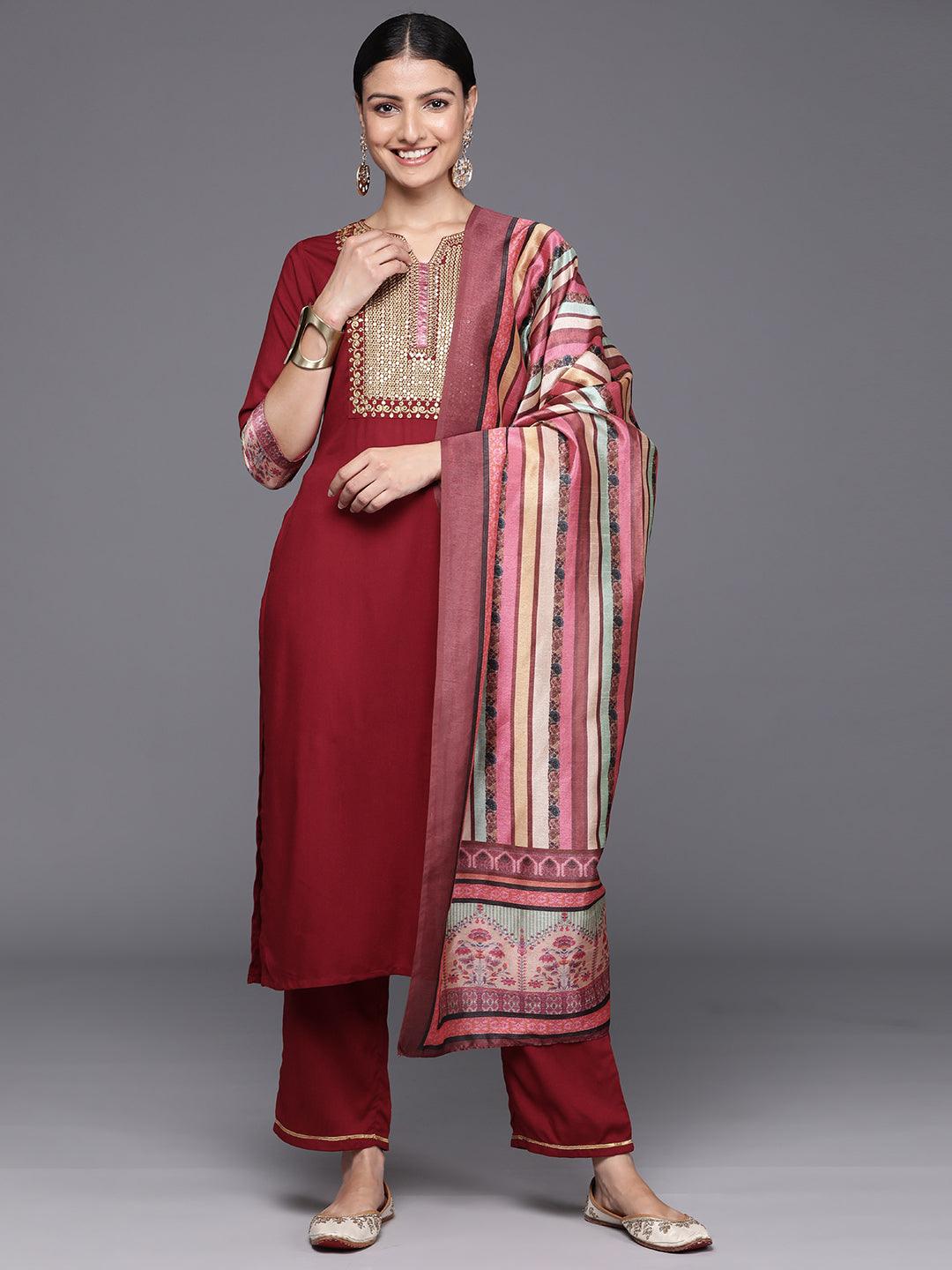 Maroon Yoke Design Rayon Straight Kurta With Trousers & Dupatta - Libas