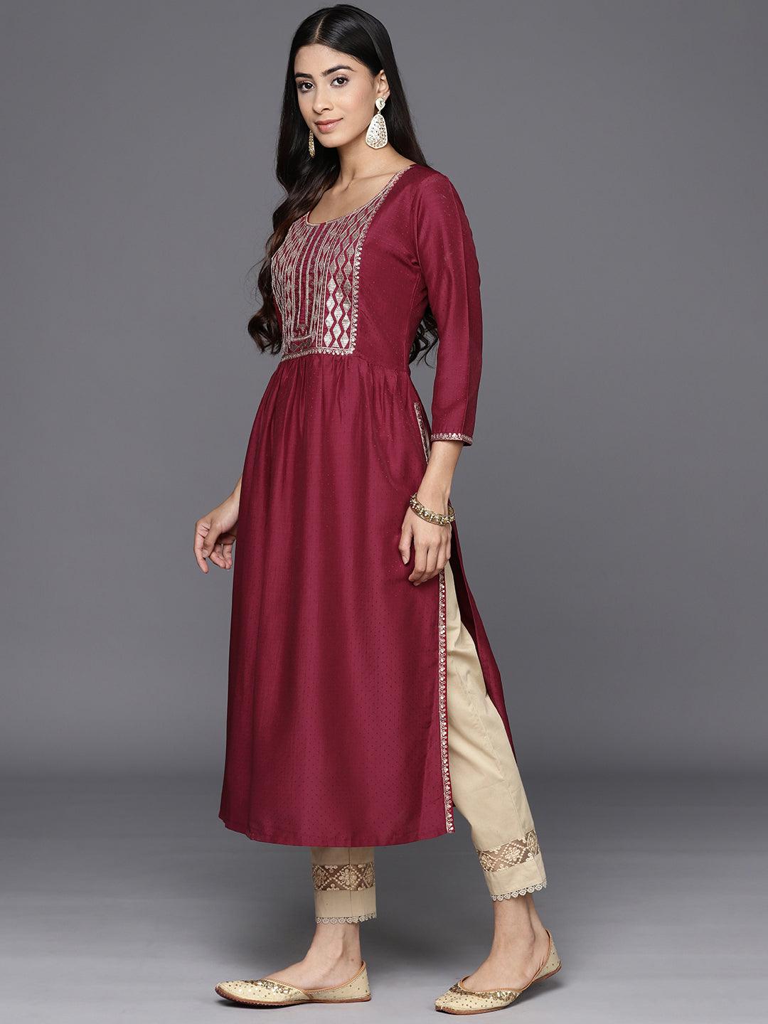 Maroon Yoke Design Silk A-Line Kurta - Libas