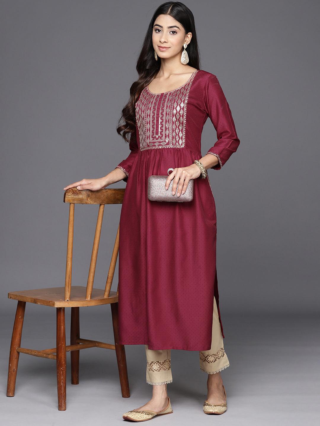 Maroon Yoke Design Silk A-Line Kurta - Libas