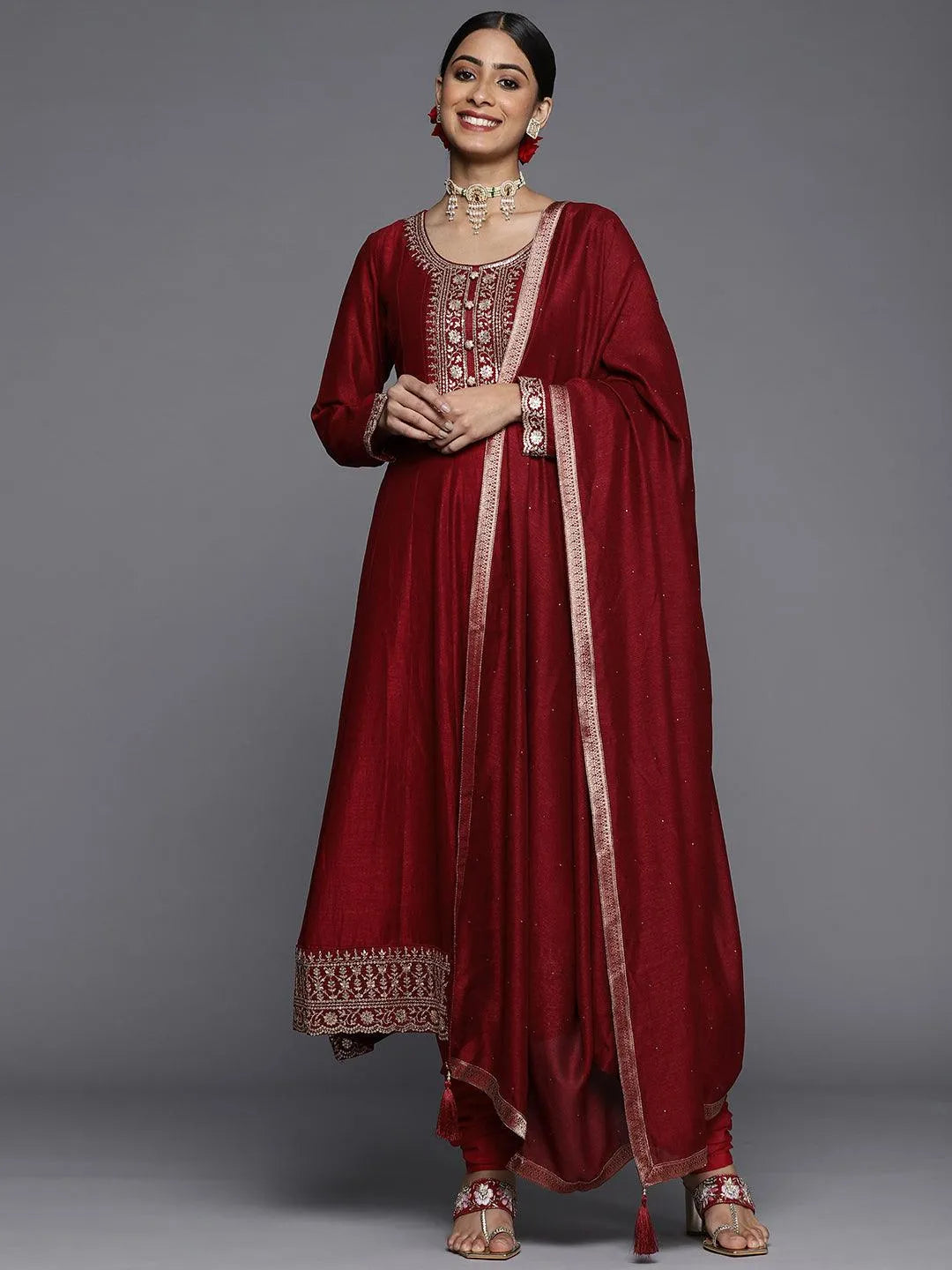 Maroon Yoke Design Silk Blend Anarkali Suit Set - Libas 