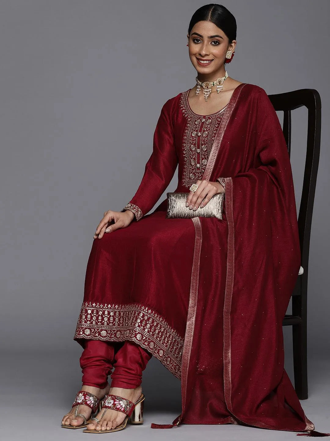 Maroon Yoke Design Silk Blend Anarkali Suit Set - Libas 